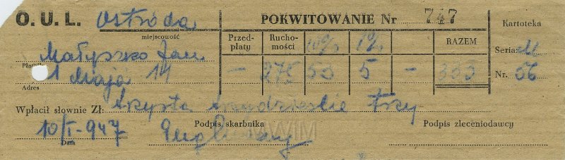 KKE 5312.jpg - Dok. Karta Meldunkowa, Jan Małyszko, Ostróda, 10 I 1947 r.